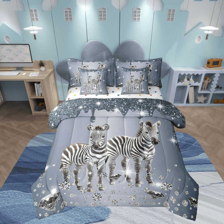 Zebra Comforter Set 7 Piece Bed in a Bag Twin,Sliver Sequin Fluid Art Bedding Set,Crystal Diamond Comforter and Sheet Set Animal Bed Set,Black And White Stripes Room Decor
