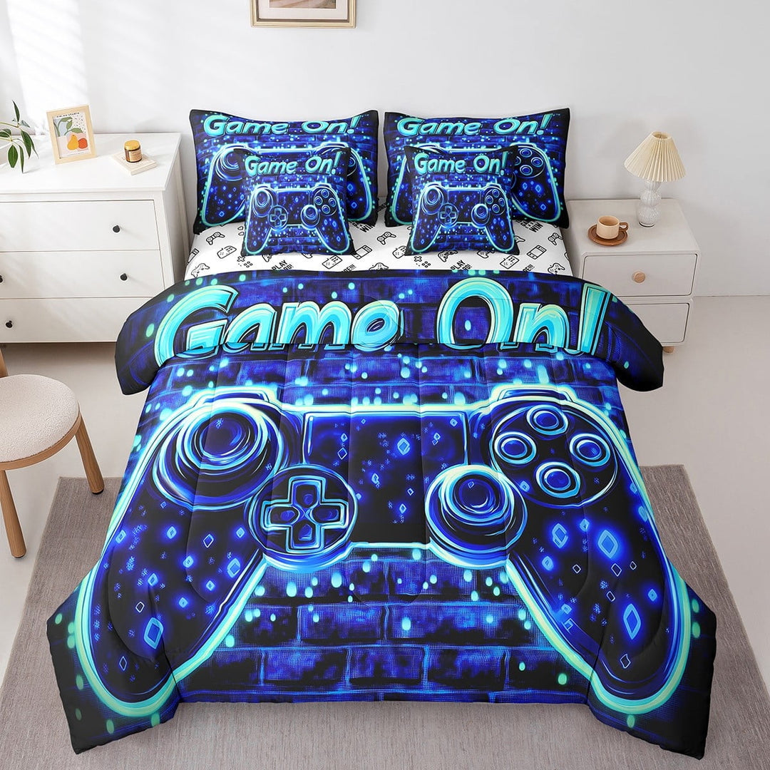 Modern Game 7 Pcs Comforter Set Queen Size Bed in a Bag, Men Gaming Bed Set,Neon Lines Gamer Video Controller Bedding Sets with Comforter,Flat,Fitted Sheet,Pillowcases,Pillow Covers