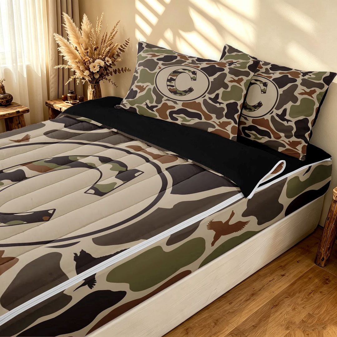 meiyoeat Western Camo Monogram C Zipper Full Size Comforter Sets with Fitted Sheet and 2 Pillowcases for Enthusiasts, Rustic Camouflage Duck Zipper Bedding Set, Black Reversible, 4pcs