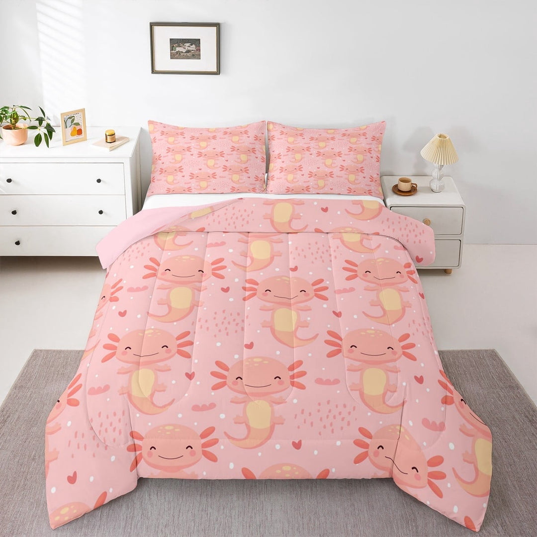 jejeloiu Ocean Animal Axolotl Full Size Comforter Sets,Orange Salamander Bedding Comforter Set,Cartoon Sealife Bedding Sets For Girls Boys,Luxury Bedroom Decor Reversible,3-Piece