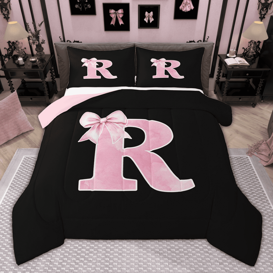 Manfei Cute Girls Bowknot Bowtie Full Size Comforter Sets, Monogrammed Bedding Comforter Set, Personalized Letter R Bedding Sets, Lightweight Bedroom Decor, Reversible 3 Pieces