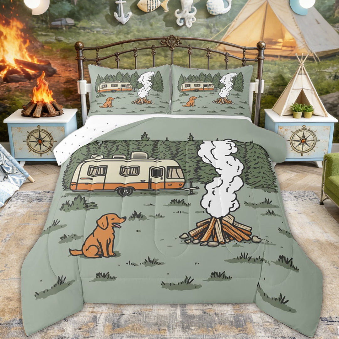Erosebridal Orange RV Car Dog Campfire Queen Comforter Set, Green Pine Tree Bedding Comforter Set for Men and Women, 3pcs