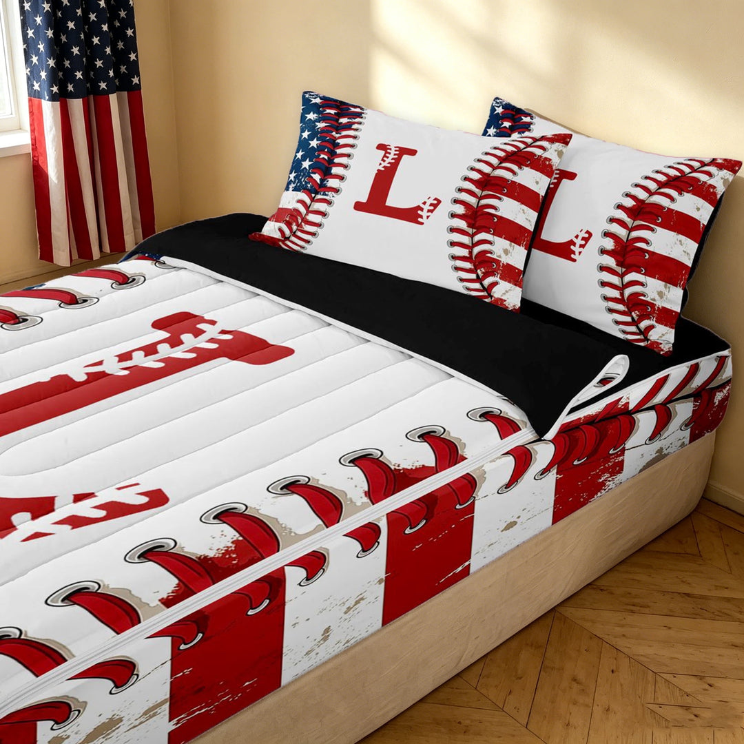 meiyoeat Patriotic USA Flag Zipper Full Size Comforter Sets with Fitted Sheet and 2 Pillowcases for Boys, Baseball Letter L Print Zipper Bedding Set, Black Reversible, 4pcs