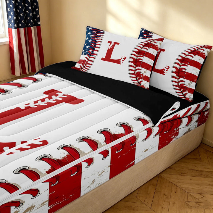 meiyoeat Patriotic USA Flag Zipper Full Size Comforter Sets with Fitted Sheet and 2 Pillowcases for Boys, Baseball Letter L Print Zipper Bedding Set, Black Reversible, 4pcs