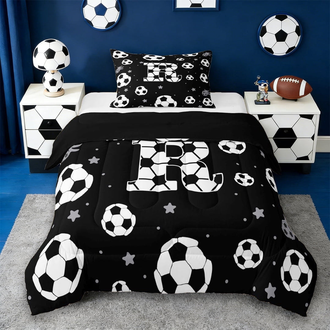 Erosebridal Kawaii Soccer Pattern Kids Twin Comforter Sets,Letter R Monogrammed Bedding Set For Boys Teens,Reversible Black 2pcs