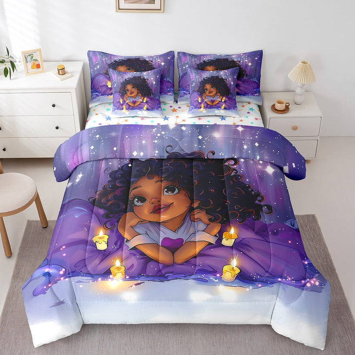 Black Afro- Bedding Twin Size 7pcs Bed in a Bag, Beautiful Curly Comforter Set, Shiny Candle Printed Soft Adults Bedding Comforter Sets, Purple Orange Cute Bed Sheets Set