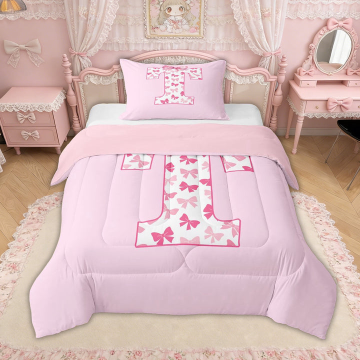 Erosebridal Pink Bow Letter T Twin Comforter Sets for Girls Women, Cute Buffalo Ribbon Bedding Set, Pink Reversible, 2-Piece