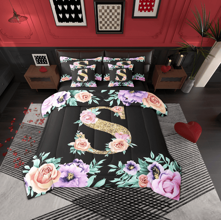 Erosebridal Initial Letter S Bedding Sets, Floral Flower Comforter Sets with Sheets, Monogrammed Reversible Bed Sheets Set, Ultra Soft Bedroom Decoration, 7pcs