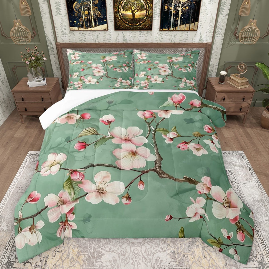 Manfei Floral Sakura 3 Pieces Queen Comforter Set for Female Men,Japanese Style Ultra Soft Bedding Sets,Cherry Blossoms Bedding Comforter Set Breathable,Ultra Soft Home Decor