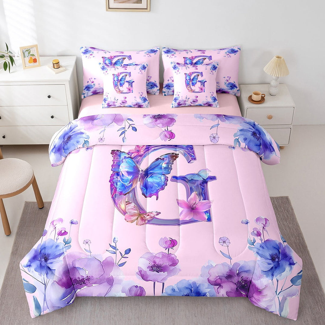 Erosebridal Initial Letter G Bed in a Bag Twin Size,Colorful Butterfly Bed Set,Tropical Botanical Floral Bedding Twin Size,Breathable Bedroom Decor Reversible,7 Pieces