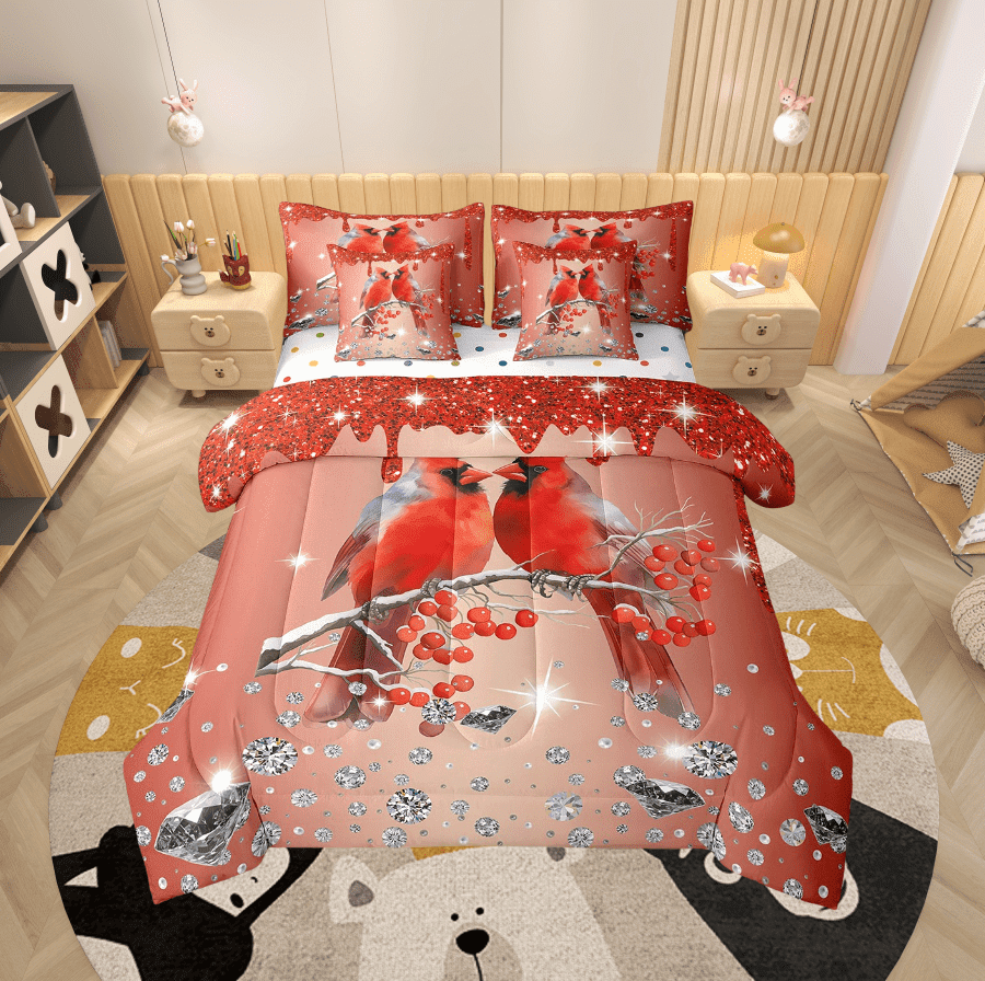 Cardinal Bird Comforter Set 7 Piece Bed in a Bag Twin,Red Sequin Fluid Art Bedding Set,Crystal Diamond Comforter and Sheet Set Rustic Aesthetic Animal Bed Set,Jungle Bird Room Decor