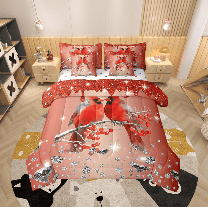 Cardinal Bird Comforter Set 7 Piece Bed in a Bag Twin,Red Sequin Fluid Art Bedding Set,Crystal Diamond Comforter and Sheet Set Rustic Aesthetic Animal Bed Set,Jungle Bird Room Decor