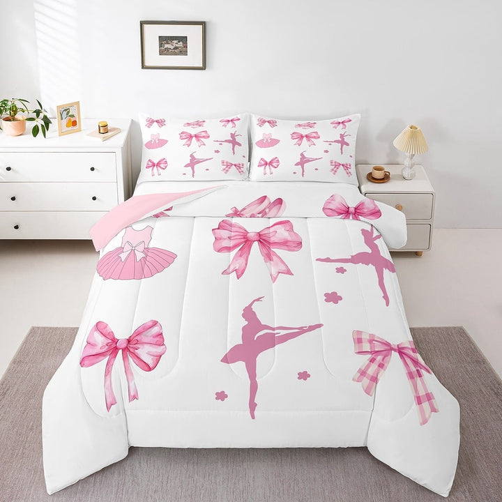 Erosebridal Pink Bowknot Bedding Twin Comforter Set,Dance Ballet Down Comforter,Dreamy Princess Bedding Sets Twin with Comforter,Lightweight Kawaii Room Decor,Reversible,3pcs