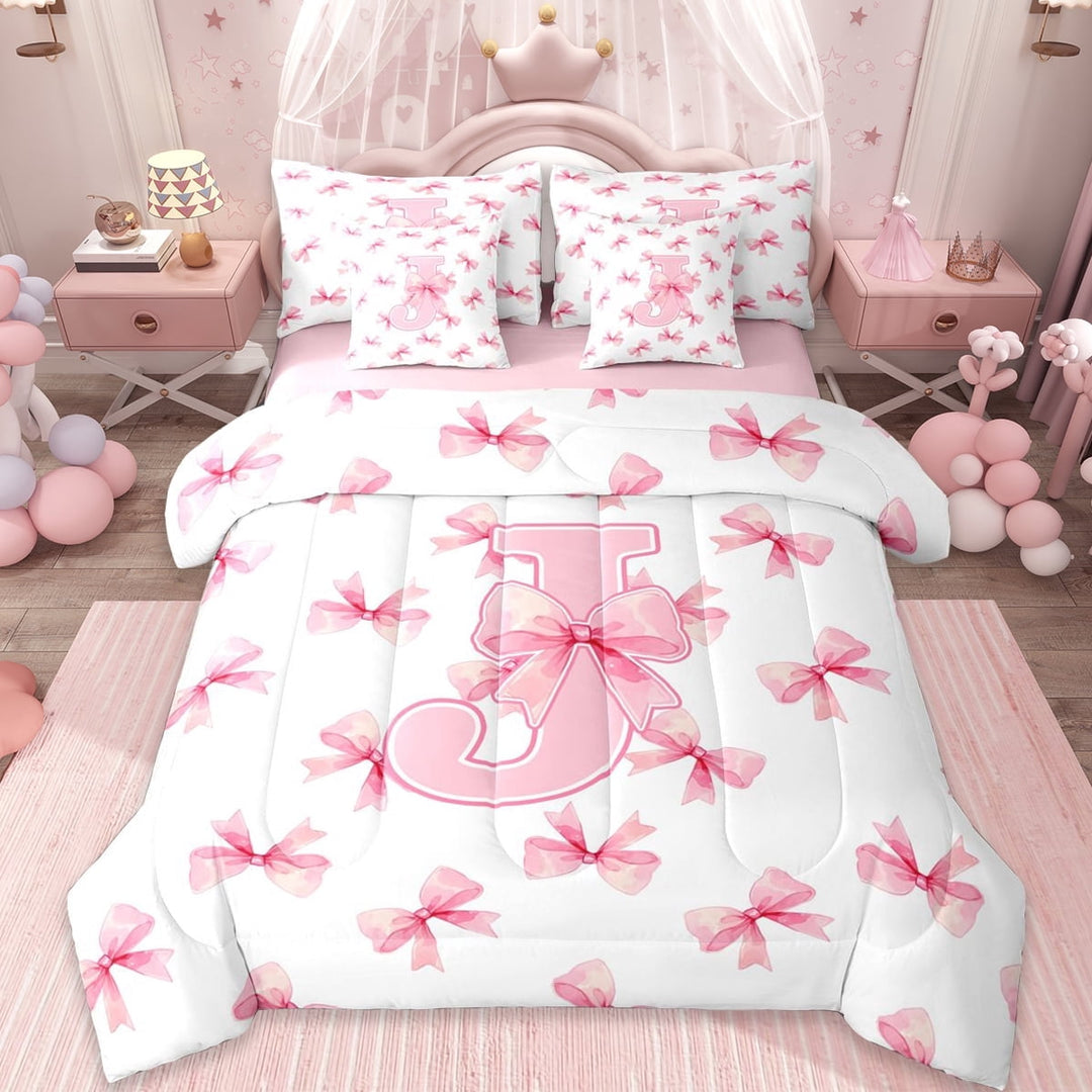 Erosebridal Ribbon Princess Bowknot 7-Piece Twin Bedding Sets,First Letter J Bedding Comforter Set For Girly,Reversible