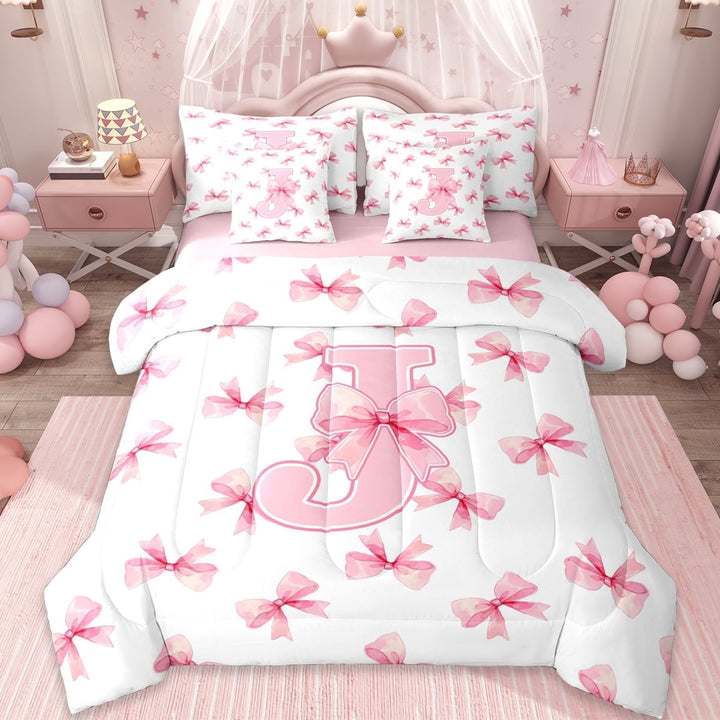 Erosebridal Ribbon Princess Bowknot 7-Piece Twin Bedding Sets,First Letter J Bedding Comforter Set For Girly,Reversible