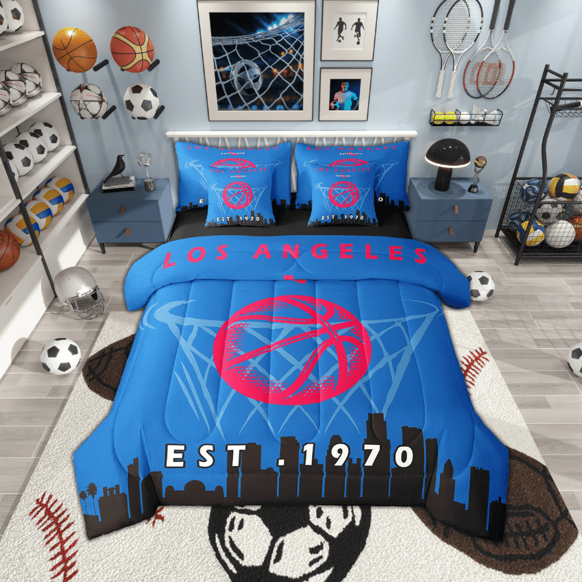 7 Pcs Comforter Set Full Size,Basketball Bed in a Bag with Flat Sheet and Fitted Sheet and Adults,Sports Bedding Set with Pillowcase and Sham,Los Angeles