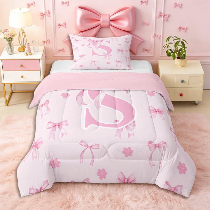Erosebridal Letter Monogrammed S Pink Bow Twin Comforter Sets 3-Piece,Floral Cherry Blossoms Bedding Set,Pink Reversible,Breathable Home Decor