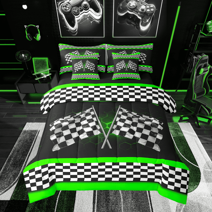 Erosebridal Checkered Flags Print Bedding Sets Twin Size, Geometry Honeycomb Comforter Sets with Sheets, Sports Game Decor, Reversible