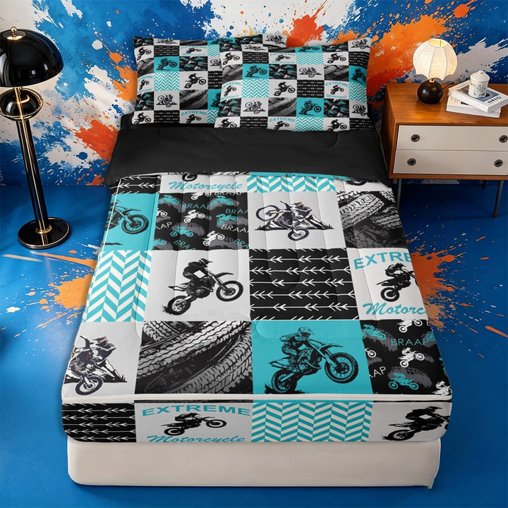 meiyoeat Patchwork Extreme Motorcycle Zipper Twin Comforter Sets with Fitted Sheet and 2 Pillowcases,Chevron Dirt Bike Zipper Bedding Set,Blue Grey,Reversible