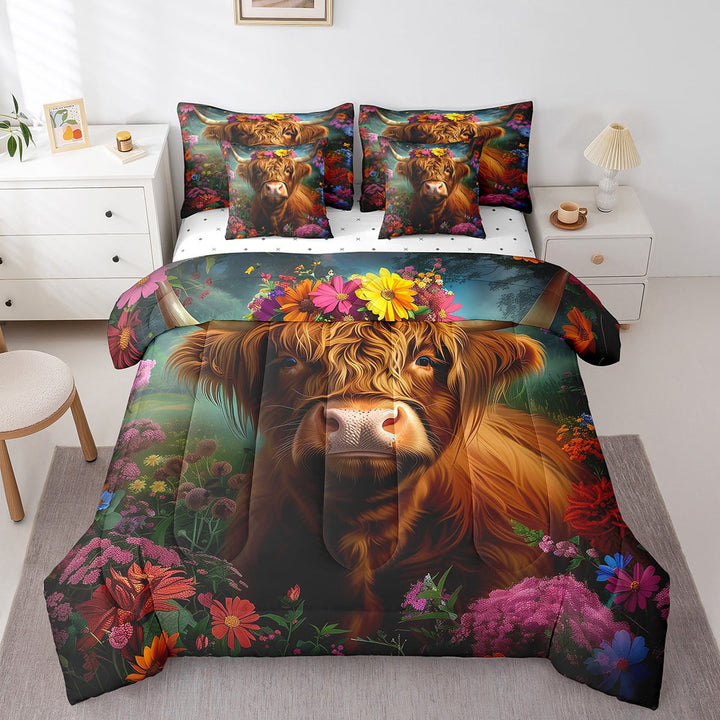 Highland Cow Comforter Set 7Pcs Twin Rustic Farm Animal Bedding Set, Western Farmhouse Style Bedding (1 Comforter, 1 Flat Sheet 1 Fitted Sheet 2 Pillowcases And 2 Throw Pillow Covers)