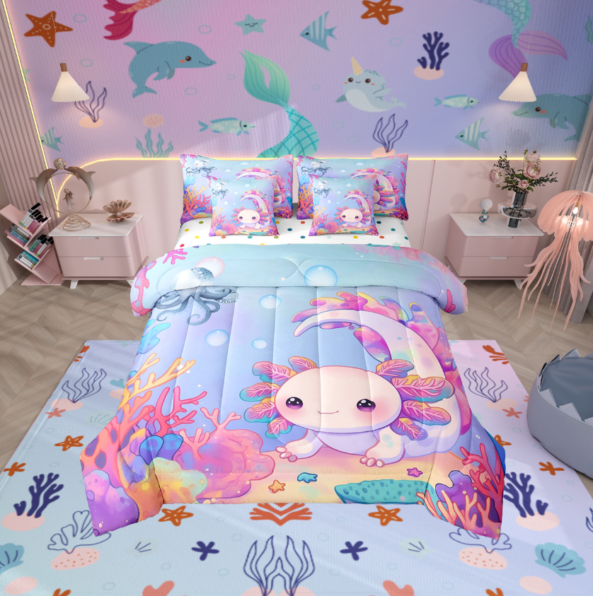 Erosebridal 3D Axolotl Bedding Twin Size, Underwater World Bedding Sets Twin Size, Cute Animal Reversible Bed Set, Lightweight Bedroom Decorative, 7pcs