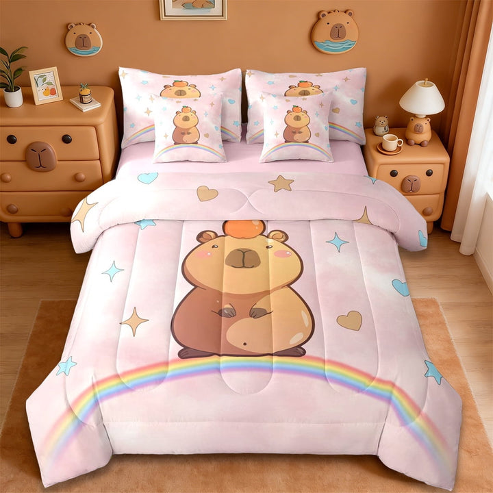 Erosebridal Cute Kawaii Capybara 7-Piece Twin Bedding Sets For Capybara Lovers 7-Piece Twin Bedding Sets,Rainbow Stars Pattern Bedding Comforter Set For Kids Girls ,Reversible Pink