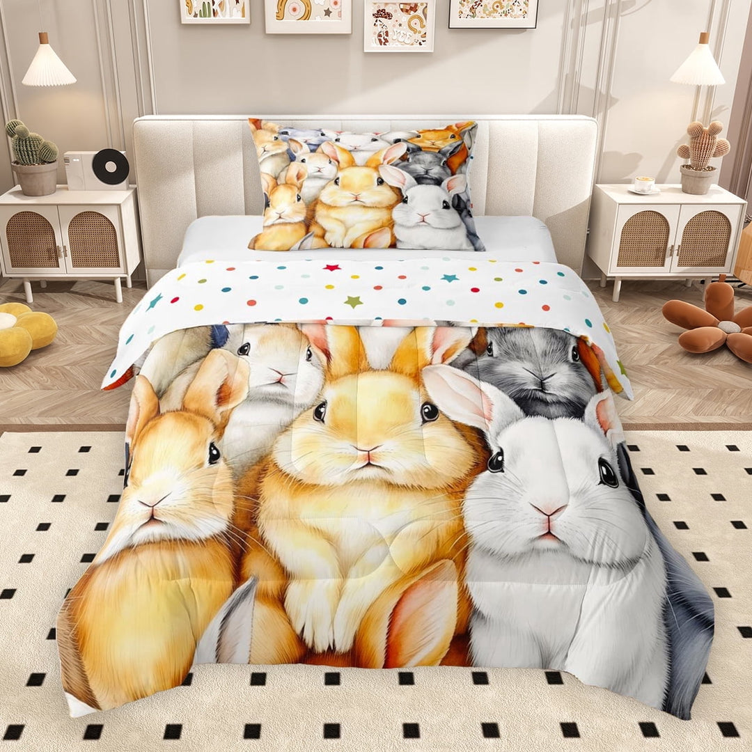 Erosebridal Rabbits Print Twin Comforter Sets for Kids, Cute Animal Bedding Set, Polka Dots Reversible 2 Pieces, 1 Comforter and 1 Pillowcase