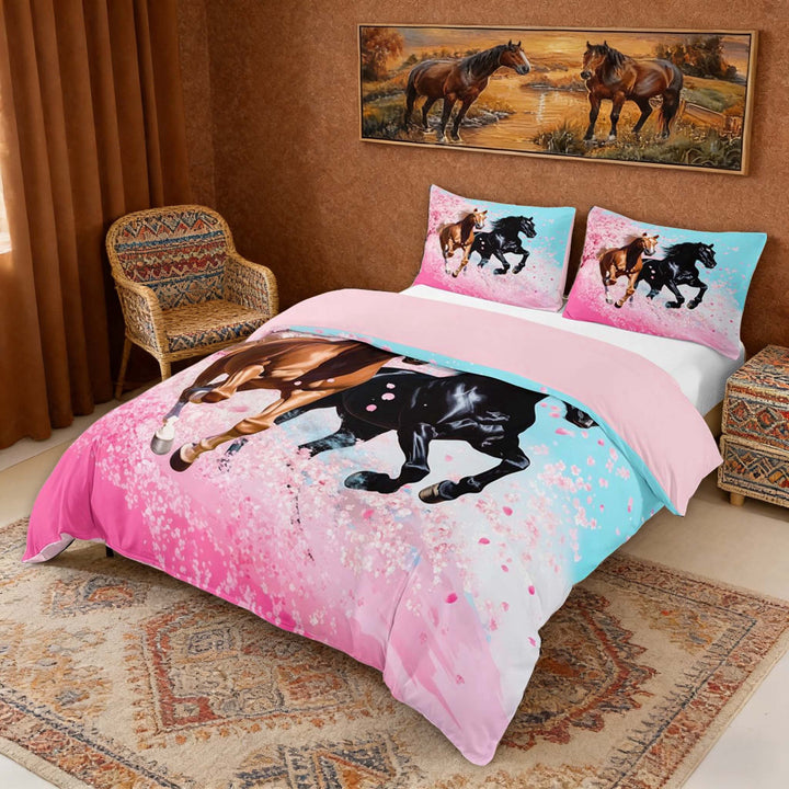 Erosebridal Galloping Horse Duvet Cover Set, Pink Cherry Blossoms Bedding Full, Reversible 3pcs 1 Duvet Cover and 2 Pillowcases (No Comforter)