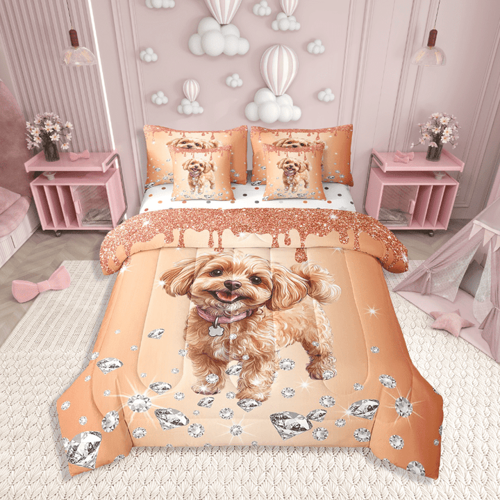 Erosebridal Teddy Dog Bedding Sets Twin Size,Crystal Sequin Print Comforter Sets With Sheets,Bling Decor,Reversible,Breathable,7Pcs