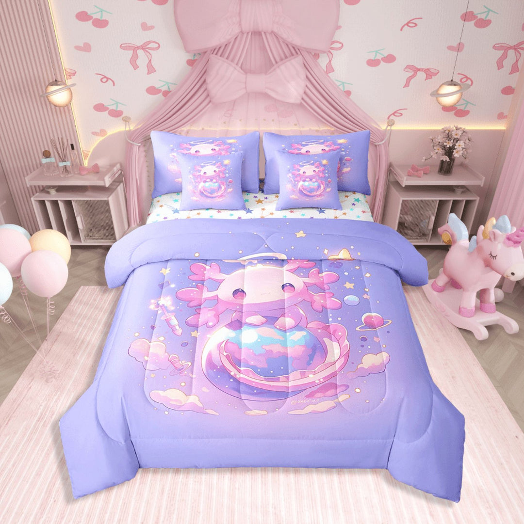 Erosebridal Pink Axolotl Bedding Sets Twin Size,Kawaii Wildlife Comforter Sets With Sheets,Animal Decor,Reversible,Breathable,7Pcs