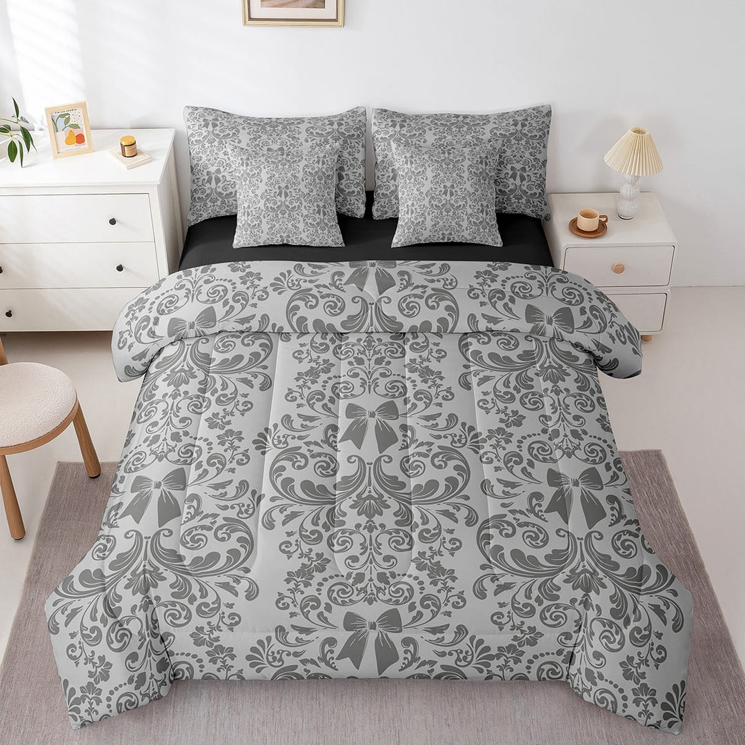 Grey Bowknot 7 Piece Comforter Set Full Bed in a Bag,Antique Victorian Damask Comforter and Sheet Set,Bowknot Bedding Set,Vintage Floral Gothic Bed Set Exotic Flowers Bohemian Baroque Decor