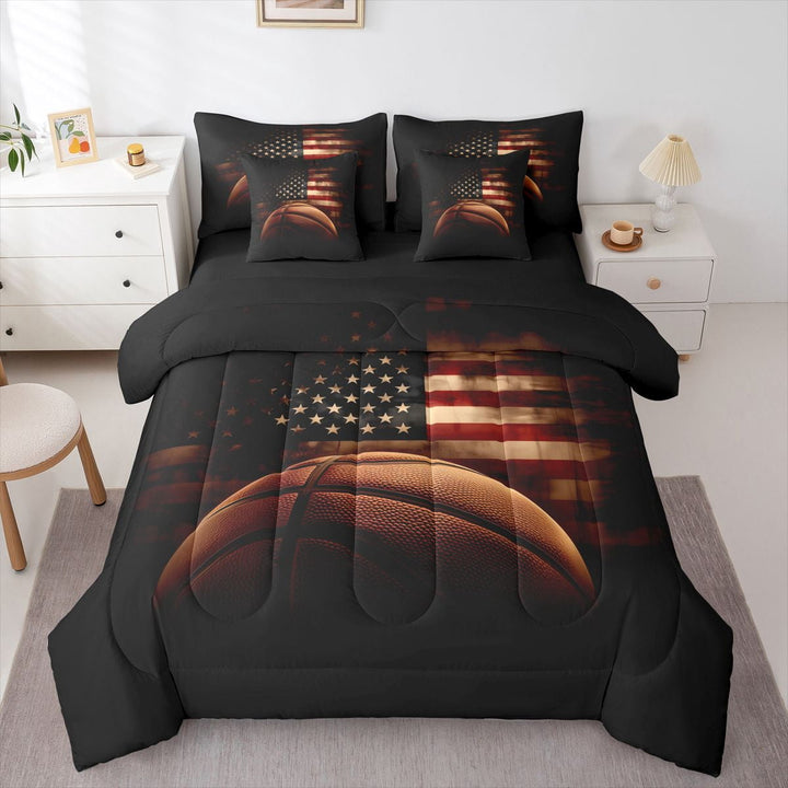 Manfei Basketball 7-Piece King Bedding,Sports Theme King Bed in a Bag,Us Flag Decor,Black Reversible