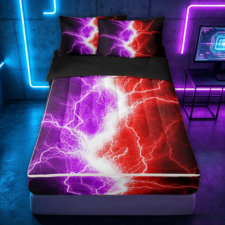 meiyoeat Neon Lightning Pattern Zipper Full Size Comforter Sets with Fitted Sheet and 2 Pillowcases for Boys, Electric Purple Red Print Zipper Bedding Set, Black Reversible
