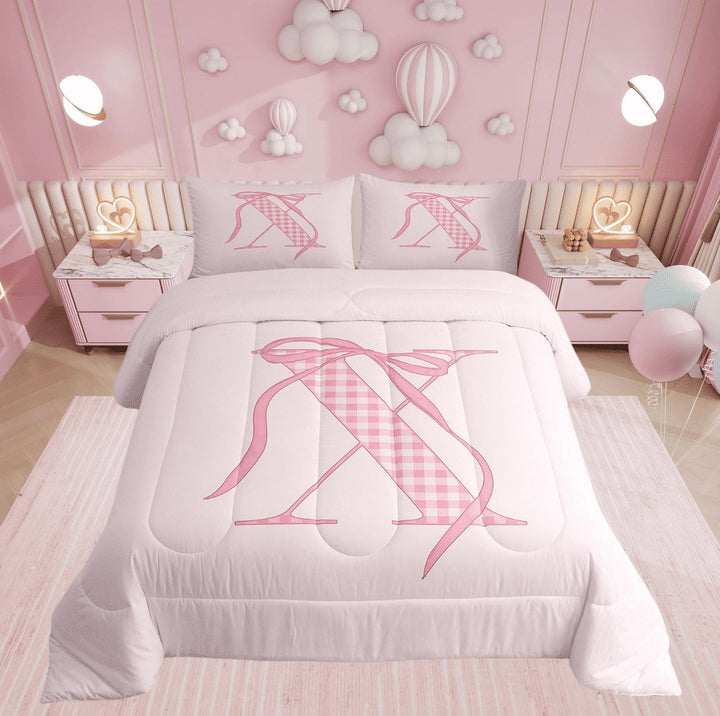 Erosebridal Princess Bow Bedding Sets Twin with Comforter, Pink Buffalo Duvet Insert, Initial X Letter Decor, Breathable 2-Piece