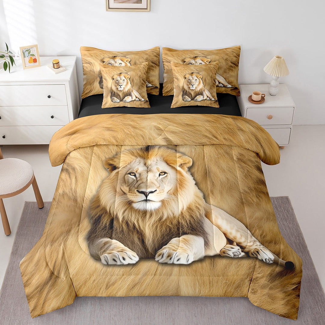 Lion Bed In A Bag,3D Lion Twin Comforter Set 7 Piece,Animal Print Bedding Set,Animal Quilt with Flat Fitted Sheet,Modern Abstract Artwork Pillow Covers