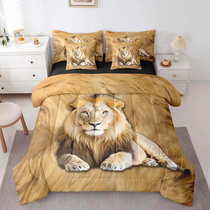 Lion Bed In A Bag,3D Lion Twin Comforter Set 7 Piece,Animal Print Bedding Set,Animal Quilt with Flat Fitted Sheet,Modern Abstract Artwork Pillow Covers