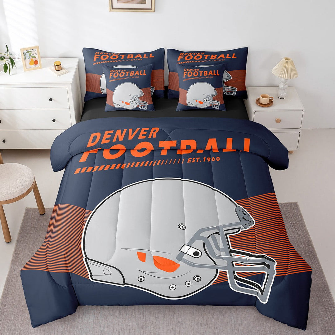 7Pcs Full Size American Football Comforter Set with Sheets American Football City Comforter Sets Bed in a Bag with Pillowcases &amp; Throw Pillow Covers, Denver