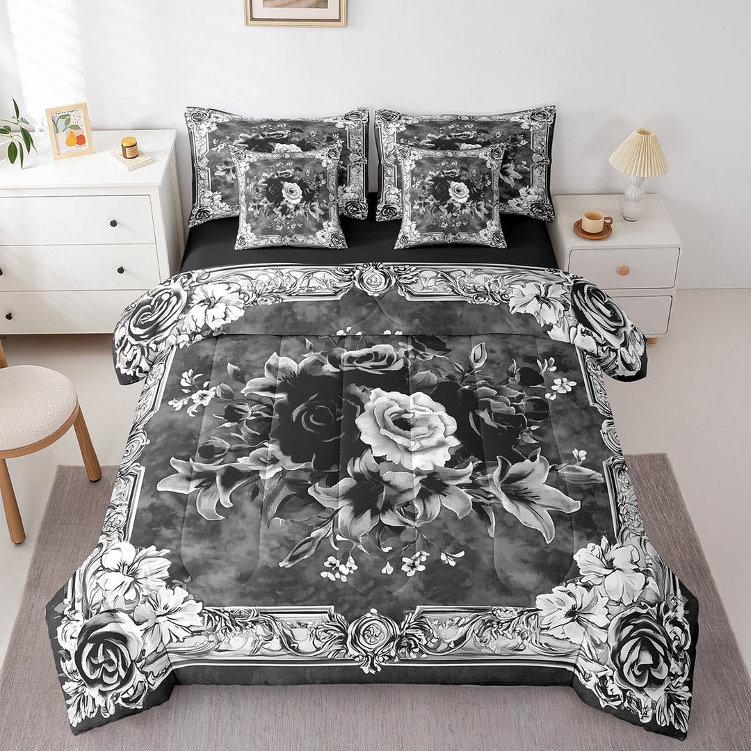 Boho Floral Bed in a Bag Queen Comforter Set 7 Piece,Bohemian Comforter and Sheet Set,Garden Flowers Rose Bedding Set,Vintage Exotic Damask Bed Set Antique Victorian Gothic Room Decor