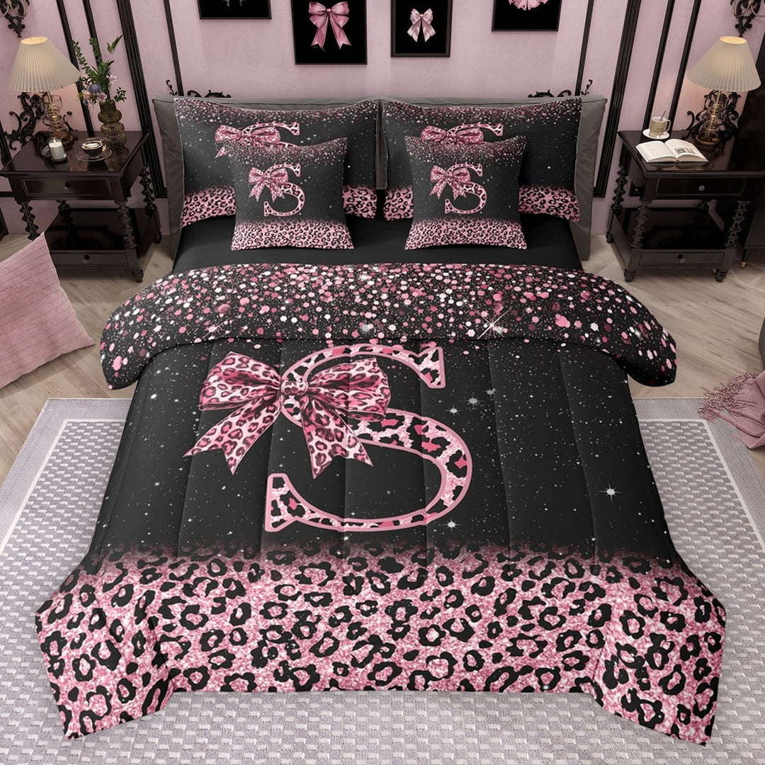 Erosebridal Cute Pink Leopard Print Twin Bedding Sets for Girls, Bowknot Letter S Bedding Comforter Set, Black Reversible 7-Piece