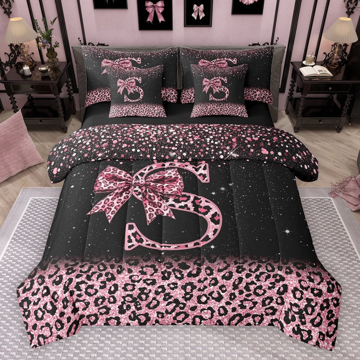Erosebridal Cute Pink Leopard Print Twin Bedding Sets for Girls, Bowknot Letter S Bedding Comforter Set, Black Reversible 7-Piece