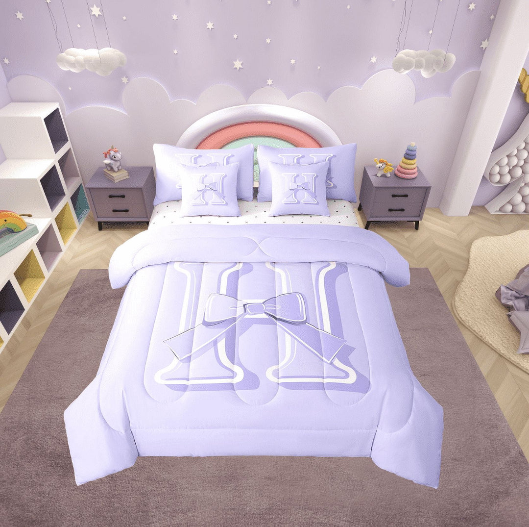 Erosebridal Initial H Letter Bedding Twin Size, Princess Bow Bed in a Bag Twin size, Purple Monogrammed Reversible Bed Set, Microfiber Room Decor, 7 Pieces