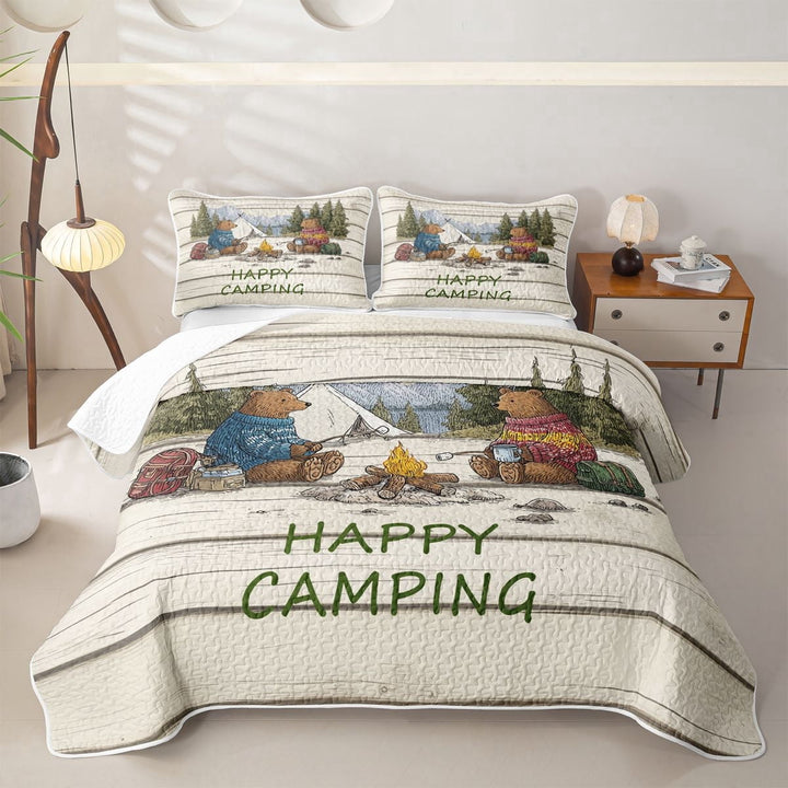 Erosebridal Cute Bear Camping Bed Spread Queen, Mountain Campfire Queen Coverlet Set for Men and Women, 3pcs