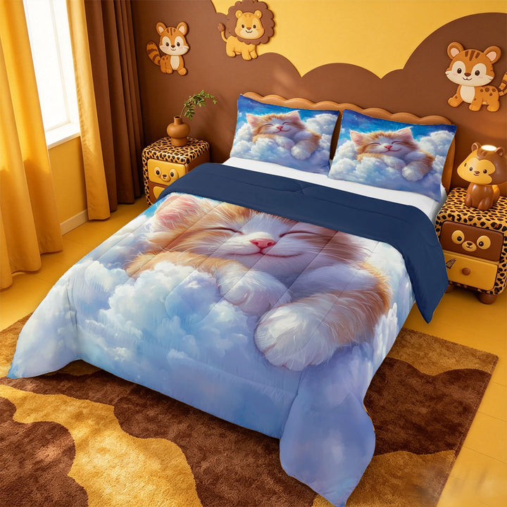 meiyoeat Dreamy Cloud Kitten Full Size Comforter Sets,Orange Cat Print Bedding Comforter Set For Girl,Reversible,3 Pieces,1 Comforter and 2 Pillowcases