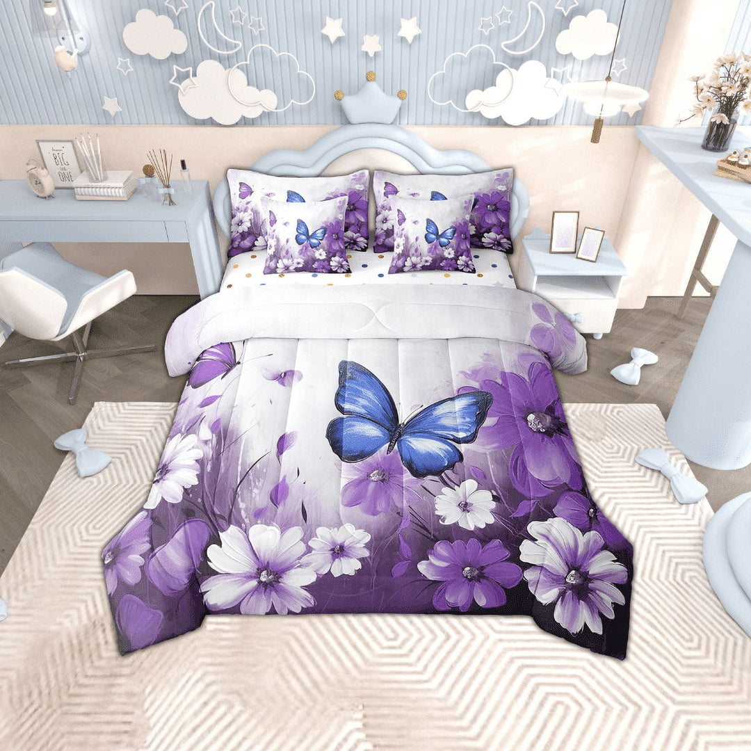 Butterfly Flowers Bed in a Bag King Size Comforter Set 7 Pieces,Blue Purple Ombre Art Oil Painting Floral Bedding Sets Rustic Aesthetic Animal Daisy Flower Sheet Set with Comforter