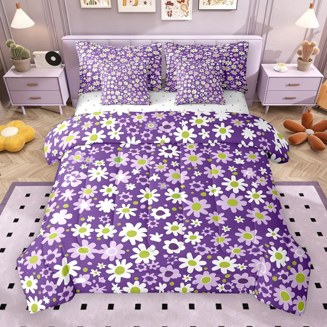 Erosebridal Cute Floral Twin Bedding Sets for Girls, Purple Flower Bedding Comforter Set, Reversible, 7pcs