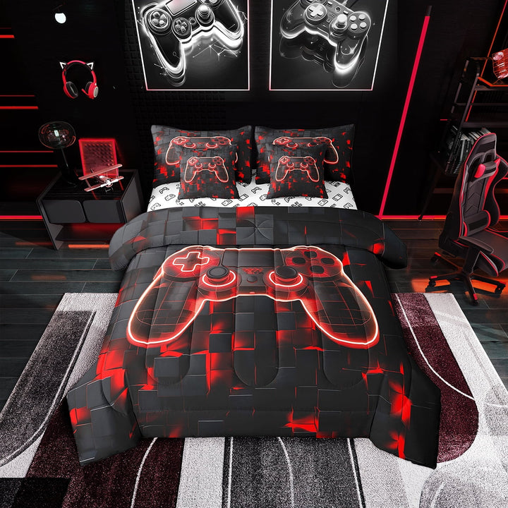 7 Piece Gaming Bed in a Bag Gamer Bedding Set Twin, Gaming Room Bedding Comforter Sheet Set Geometry Honeycomb Print Bed Set Abstract Plaid Fitted Sheet Reversible