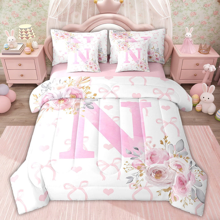 Erosebridal Pink Initial N Bed in a Bag Twin size for Kid, Valentines Day Bed Set, Romantic Rose Decor, Pink Reversible 7 Pieces