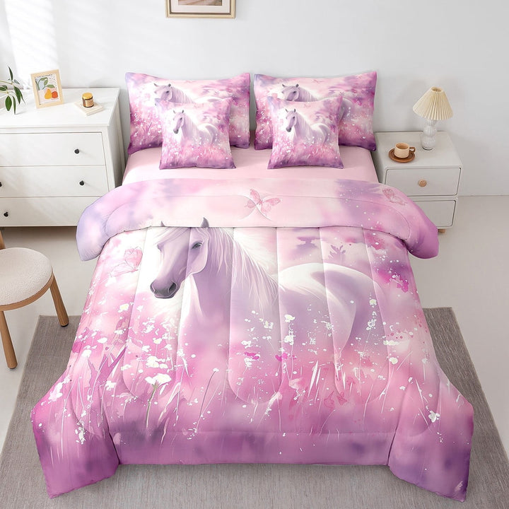 Horse Bedding Comforter Sets 7-Piece Pink Butterfly Bed in a Bag, Dreaming Pink Pastel Twin Bedding Sets Chic Floral Flower Comforter Set, Magical Unicorn Bedding Sets Room Decor