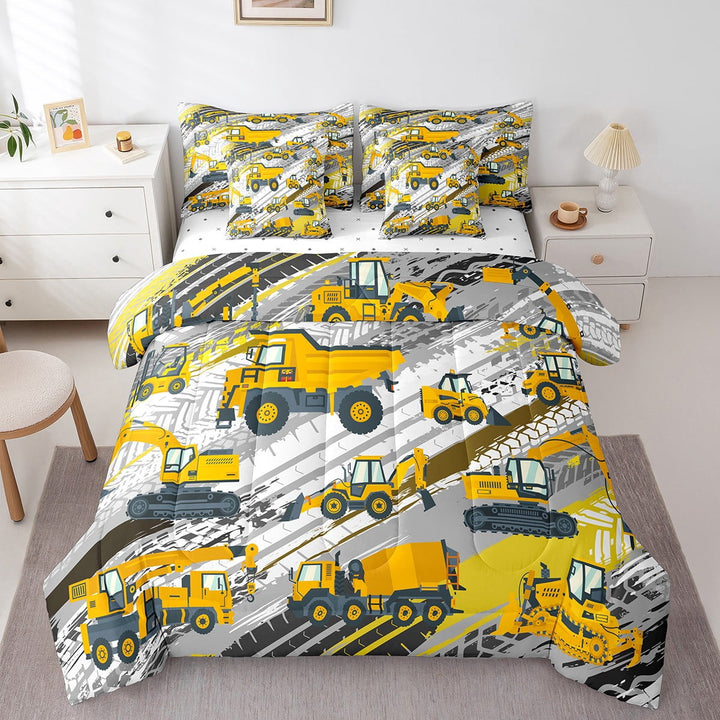 Erosebridal 7Pcs Cartoon Car Comforter Sets Queen Size, Construction Tractor Comforter Set Bed in a Bag(1 Comforter, 1 Flat Sheet 1 Fitted Sheet 2 Pillowcases and 2 Throw Pillow Covers) - Yellow