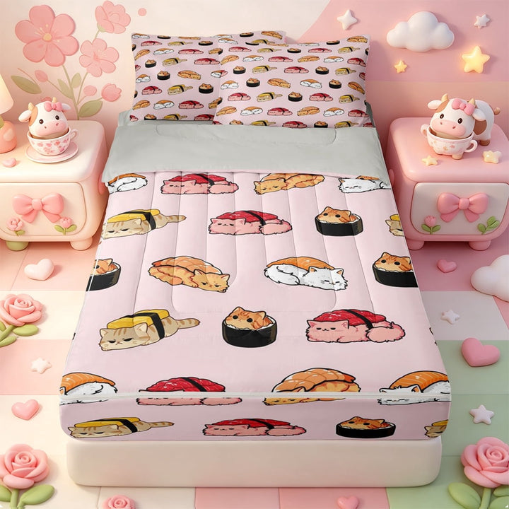 meiyoeat Sushi Cat Pattern Zipper Full Size Comforter Sets with Fitted Sheet and 2 Pillowcases,Cute Kitten Food Print Zipper Bedding Set,Light Gray Reversible,4 Pieces